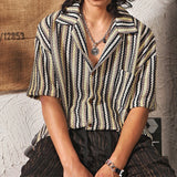 New Japanese Chic Men Shirts Light Luxury Striped Cuban Collar Half Sleeve Cardigan Summer Trendy Leisure Breathable Tops M-3XL