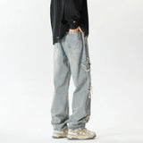Star Embroidered Men's Jeans Baggy Straight Elastic Waist Denim Pants Fashion High Street Hip Hop Streetwear Y2K Male Trousers