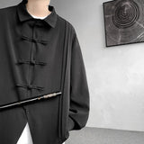 Men's Dial Buckle Solid Long Sleeve Shirt Chic Pleated Decor Spring New Loose Casual Traditional Chinese Style Clothing