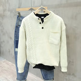 American Retro Henley Collar Pullover Sweater Korean Elegant Men's Trendy Oversized Pocket Versatile Casual Sweater Aesthetic