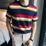 Vintage Knitted Striped T-shirts Mens Summer Casual Slim Fit O Neck Jumper Tops Men Short Sleeve Fashion Knit T Shirt Streetwear