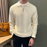 Autumn Casual Men Polo Sweater Light Luxury Zip-up Solid Color Long Sleeve Knitted Pullover Daily Commuting Basic Knitwear M-3XL