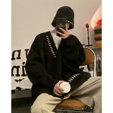 Striped Plush V-neck Sweater Men's Loose Casual Brushed Knit Trendy Couple Versatile Comfortable Harajuku High Street Cardigan