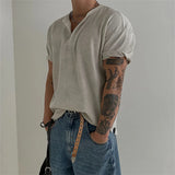 New Fashion Men Luxury Henry Collar T-Shirt Leisure Waffle Check Short Sleeve Tops American Style Lightweight Breathable Tees