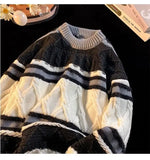 American autumn and winter street fashion personalized jacquard round neck pullover for couples loose retro color blocked knit