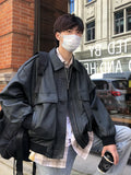 Mens Jacket Japanese Style Autumn Daily Casual Rib Sleeve Warm Streetwear All-match Outerwear Solid Color Multi Pockets Retro