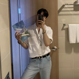 Summer Thin Shirts Mens Solid Color Short Sleeve Loose Handsome Fashion Casual Streetwear All-match Men's Clothing Green/White