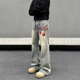 American retro men and women trend personalized embroidered straight leg washed jeans couple spring and autumn casual pants y2k