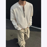 Spring Long Sleeved T-shirt Men Oversized Zipper Round Neck T Shirt Men Streetwear Korean Loose Pleated T Shirt Mens Top M-3XL