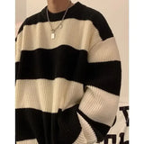 Korean style patchwork striped sweater for men in autumn and winter lazy loose knitted sweater round neck retro trendy sweater
