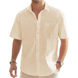 Men's Cotton Linen Short Sleeve Shirts Casual Lightweight Button Shirts Vacation Beach Summer Tops with Pocket