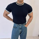 Men's Clothing Fashion Patchwork Tops Luxury High Quality Knit O Neck Short-sleeved T-shirt Leisure Popular Retro Slim Knitwear