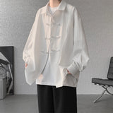Men's Dial Buckle Solid Long Sleeve Shirt Chic Pleated Decor Spring New Loose Casual Traditional Chinese Style Clothing