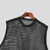 Summer Men's Clothing Luxury Knit Hollw Out Tank Tops O Neck Sleeveless Mesh Sexy Solid Color Party Vest Breathable Knitwear