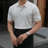 Vintage Polo Collar Knitted Shirts Mens Spring Summer Trendy Solid Color Slim Polo Shirt Casual Men Short Sleeve Knit Polos