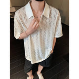 Summer Short Sleeved T-shirt Men Fashion Casual Beige Lapel T Shirt Streetwear Korean Loose Hollow Out T Shirt Mens Polo Shirt