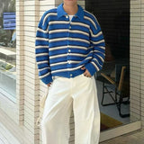 American Striped Cardigan Coat Light Luxury Knitted Lapel Long Sleeve Men Sweater Jackets Autumn Leisure Premium Knitwear M-3XL