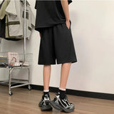 Korean Style Mens Casual Shorts Ribbons Belt Knee-Length Suit Pant Black Beige Elastic Waist Loose Summer Short Trouser Boy