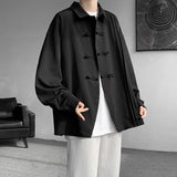 Men's Dial Buckle Solid Long Sleeve Shirt Chic Pleated Decor Spring New Loose Casual Traditional Chinese Style Clothing