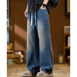 Men New Baggy Jeans Fashion Y2K High Street Retro Blue Trousers Elastic Drawstring Straight Wide Leg Loose Casual Denim Pants