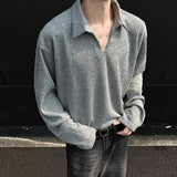 New American Retro Men Polo Shirt Luxury Knitted Solid Color V Neck Long Sleeve T-shirt Casual Premium Quality Textured Knitwear
