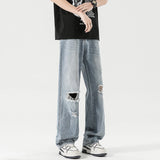 2025 Spring New Men's Ripped Jeans Baggy Straight Classic Light Blue Wide Leg Pants Elastic Waist Vintage Fashion Trousers Male