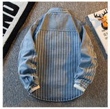 American Striped Spliced Denim Jacket Men 2025 Autumn Trendy Handsome Men Women Casual Loose Work Shirt Jacket Aesthetic Chic
