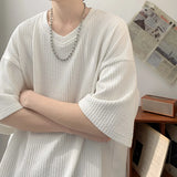 Summer Men's Texture T Shirt Leisure Half Sleeve V Neck Solid Color Loose Basic TShirt Popular Streetwear White/Black/Apricot