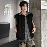 Niche Design Men's T-shirts Lapel Half Sleeve Fake Two-piece Single Breasted Plaid Patchwork Summer Loose Male Tops
