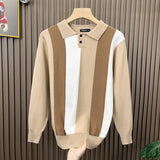 British Retro Men's Knitted Polo Shirt Light Luxury Patchwork Slim-fit Long Sleeve T-shirts Autumn Leisure Business Tops M-3XL