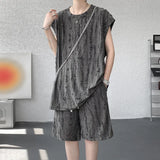 Summer Set Men Fashion Black Ripped Vest Shorts Two-piece Sets Men Streetwear Hip-hop Loose Hole Sets Man Hollow Out Set