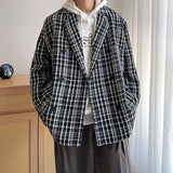 Korean Style Men Blazer Luxury Loose Fit Jackets Small Plaid High Quality Designer Suit Coat Male