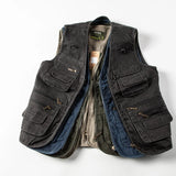 American Workwear Retro Metal Zipper Three-dimensional Pocket Cotton Men Women Tactical V-neck Vest Jacket Aesthetic Urban Chic