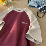 Street hip-hop men and women summer street personality simple color contrast loose casual T-shirt couple retro short sleeved top
