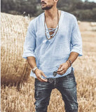 Men's T-shirt Short Sleeve Chest Lace-up T-shirt Loose Top Summer V-Neck Medieval Tunic Top