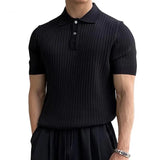 Casual Mens Knitted Polo Shirts Spring Summer Fashion Ribbed Solid Color Knit Tops Men Leisure Short Sleeve Knitting Jumper