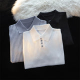 T-shirts for Men Hollow Out Summer Turn-down Collar Short Sleeve Solid Lightweight Korean Style Button Knitted Commuting Casual