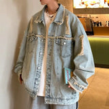 Men's Ripped Denim Jacket Autumn American Retro Washed Hip Hop Streetwear Cool Trendy Loose Casual Jacket Button Up Jeans Coat