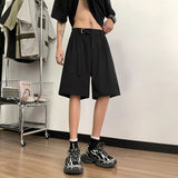 Korean Style Mens Casual Shorts Ribbons Belt Knee-Length Suit Pant Black Beige Elastic Waist Loose Summer Short Trouser Boy