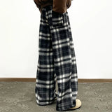 Winter Vintage Fleece Plaid Wide Leg Pants Men's Woolen Casual Thick Warm Pants Men Women Loose Straight Mopping Trousers