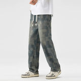 Spring new Men's Jeans Korean Fashion Elastic waist Straight Denim Pants  Washed Cotton Grid diagram Wide Leg Jean Trousers