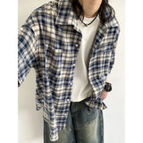 Summer Retro Men Set Checkered Fashion Short Sleeved Shirt+Big Pocket Washed Denim Shorts 2-piece High Street Trendy Unisex Suit