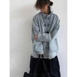 Chinese Style Denim Jacket Spring Autumn Denim Jacket Gradient Washed Japanese Casual Large Pocket New Chinese Tang Style Jacket