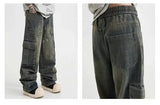 Spring High Street Men and Women Trendy Elastic Belt Work Clothes Jeans Couple Straight Tube Loose Water Washed Casual Pants y2k
