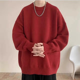 New Japanese Retro Men Knitted Sweater Light Luxury Casual O Neck Solid Color Long Sleeve Pullovers Loose High Street Knitwear