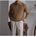 Men's American Retro Polo Sweater Luxury Trendy Business V Neck Knit Solid Color Pullover Leisure Slim-fit Long Sleeve Knitwear