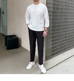 New Autumn Fashion Men T-shirt Light Luxury Solid Color Long Sleeve Tops Leisure Streetwear Casual O Neck Basic Shirts M-3XL