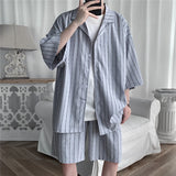 Shirts Shorts Sets Men Striped Design Simple Fashion Ulzzang Oversize Summer New Popular Loose Breathable Student Notched Casual