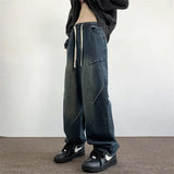 Mens Straight Leg Jeans Elastic Waistband Drawstring Comfort Fit Denim Casual Trousers Adjustable Waist Relaxed Fit