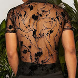 Summer Men's Clothing Mesh Lace Knit T-shirt Streetwear Hollow-Out O Neck Sweater Short Sleeve Tees Rose Printed Luxury Knitwear